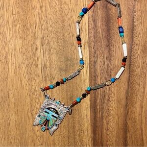 Navajo Inlaid Necklace Silver Turquoise Kachina Turtle